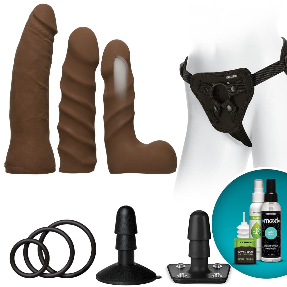 Doc Johnson - Vac U Lock Dual Density Harness Starter Set Chocolate | 7, 6 & 5.5 inch Dildos Doc Johnson - For Me To Love