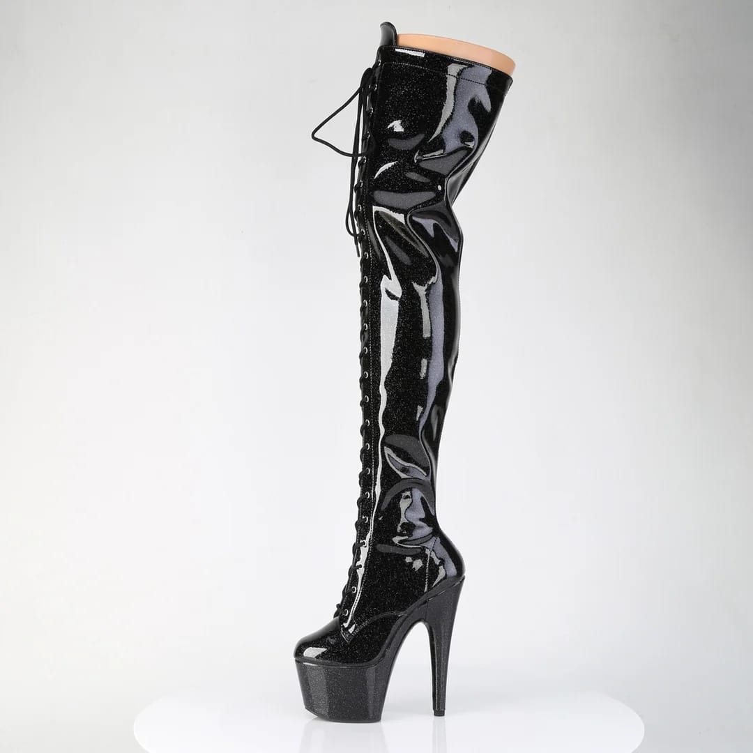 Pleaser - Adore 3020GP Black Glitter Patent Over The Knee Boots with 7 inch Heel | UK 2-11 Pleaser - For Me To Love