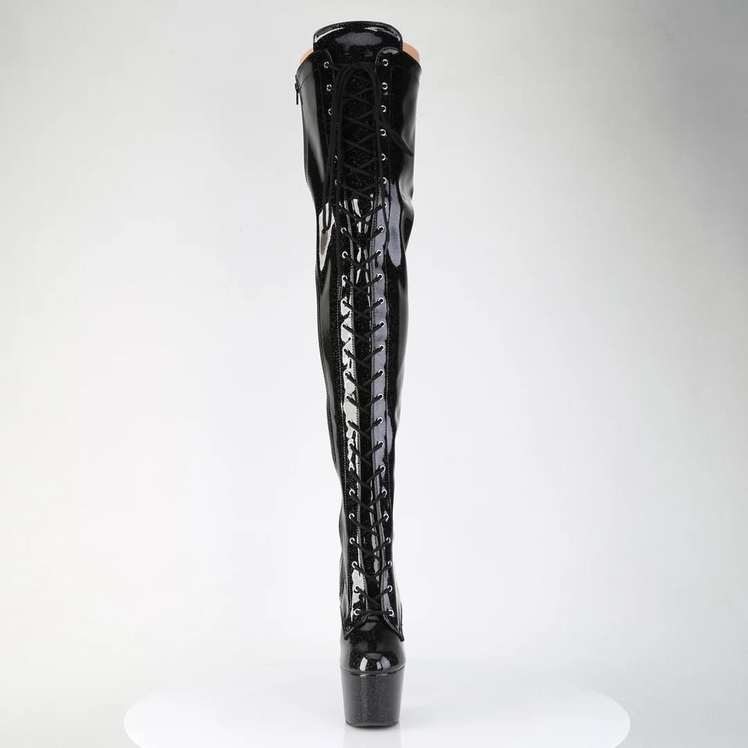 Pleaser - Adore 3020GP Black Glitter Patent Over The Knee Boots with 7 inch Heel | UK 2-11 Pleaser - For Me To Love