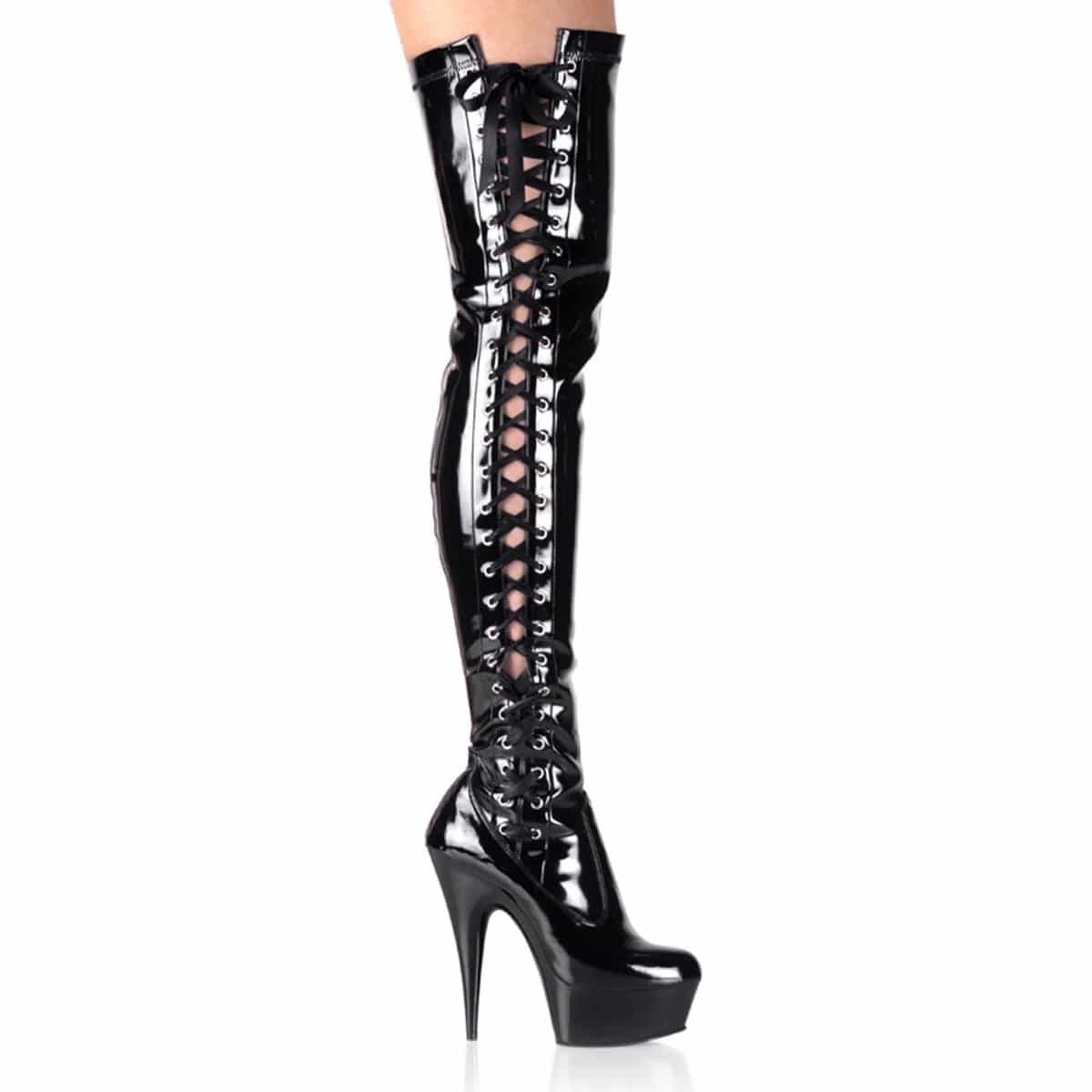 Pleaser - Delight 3050 Black Patent Lace-Up Side Platform Thigh Boots with 6 inch Heel | UK 2-11 Pleaser - For Me To Love