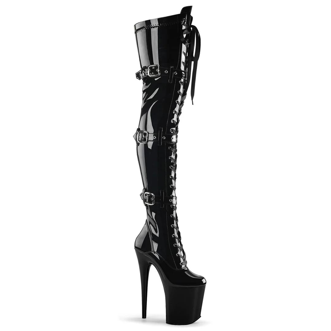 Pleaser - Flamingo 3028 Black Patent Over The Knee Boots with 8 inch Heel | UK 2-11 Pleaser - For Me To Love
