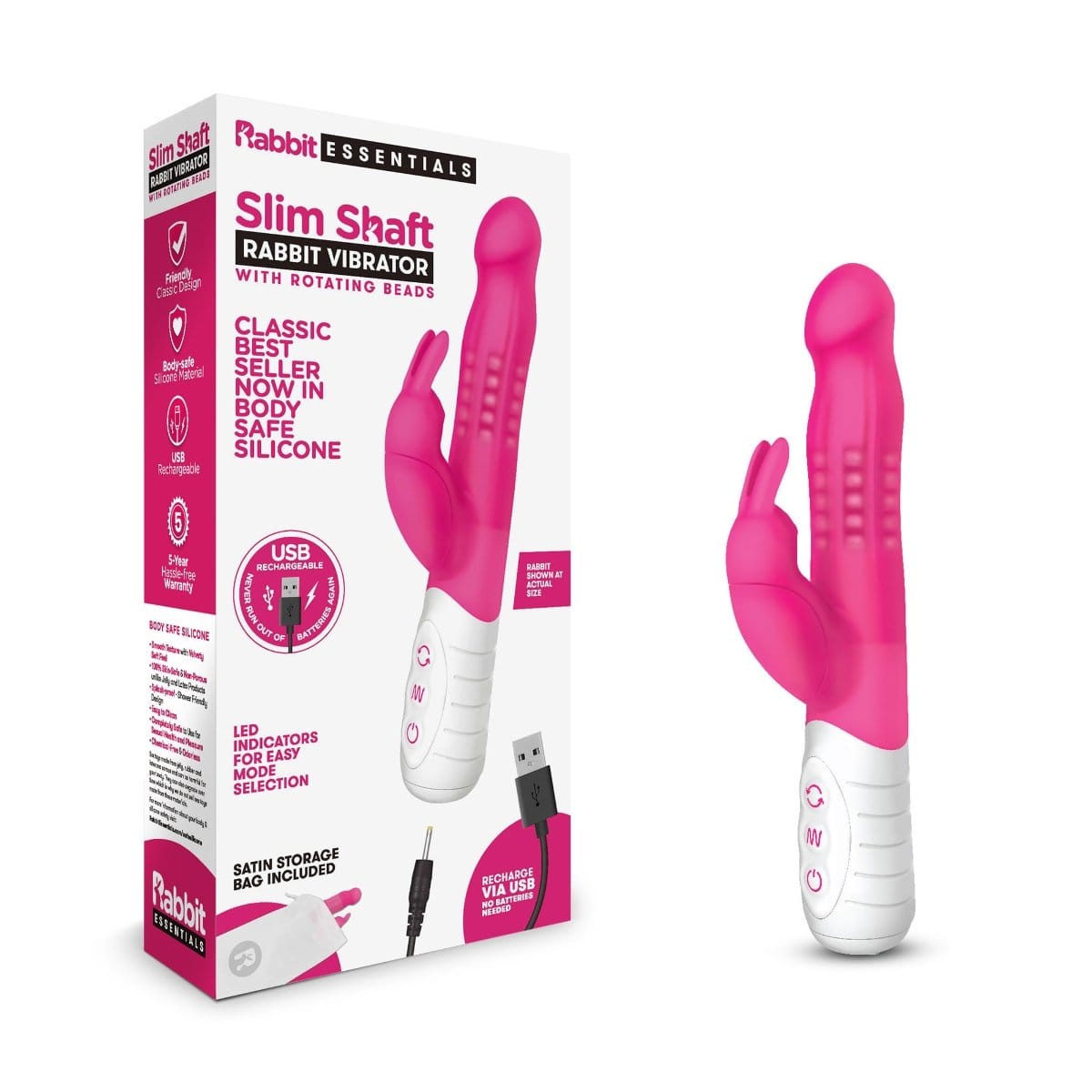 Rabbit Essential - Slim Shaft Rabbit Vibrator with Rotating Beads | Hot Pink Rabbit Essentials - For Me To Love