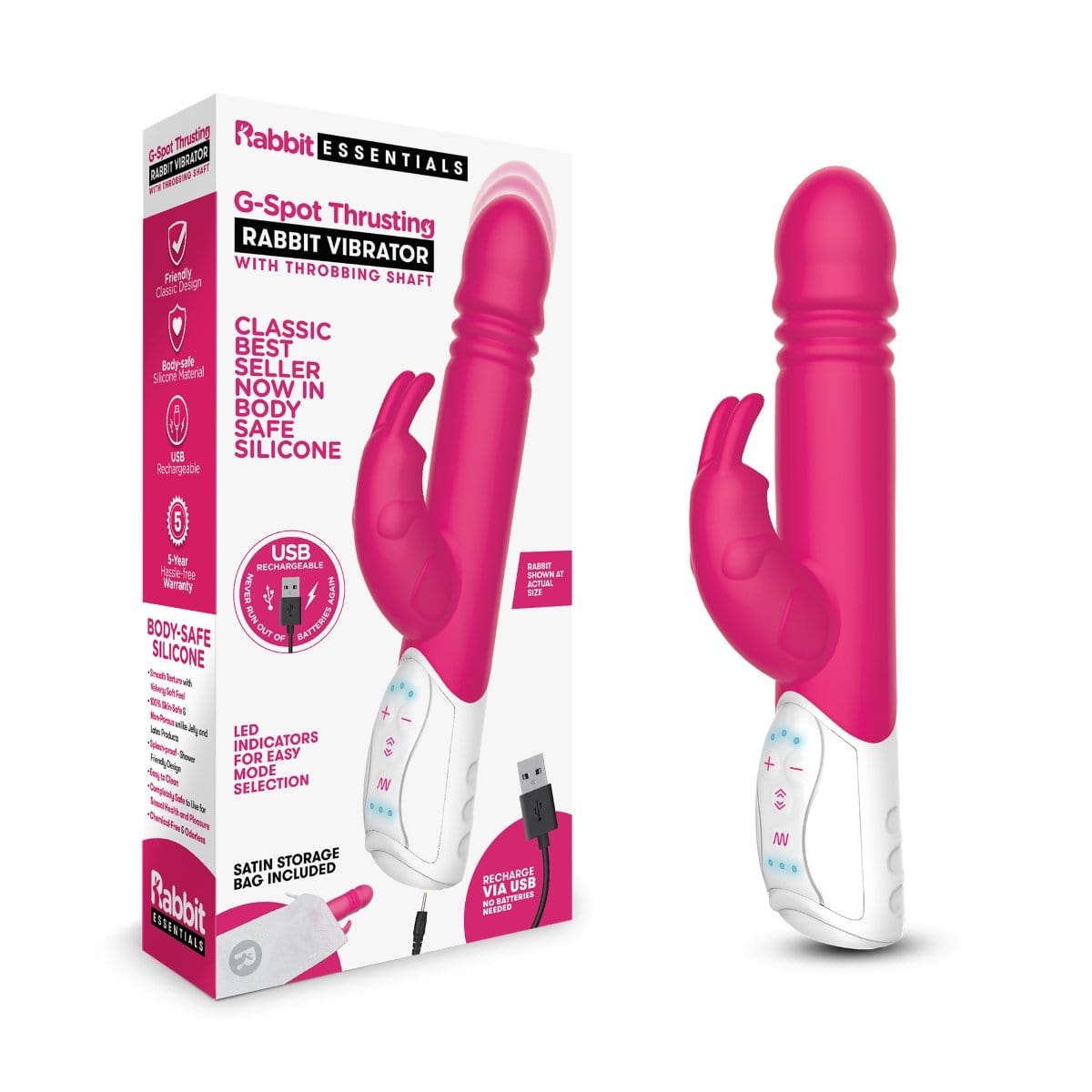 Rabbit Essentials - Rechargeable G Spot Thrusting Rabbit Vibrator | Hot Pink or Purple Rabbit Essentials - For Me To Love