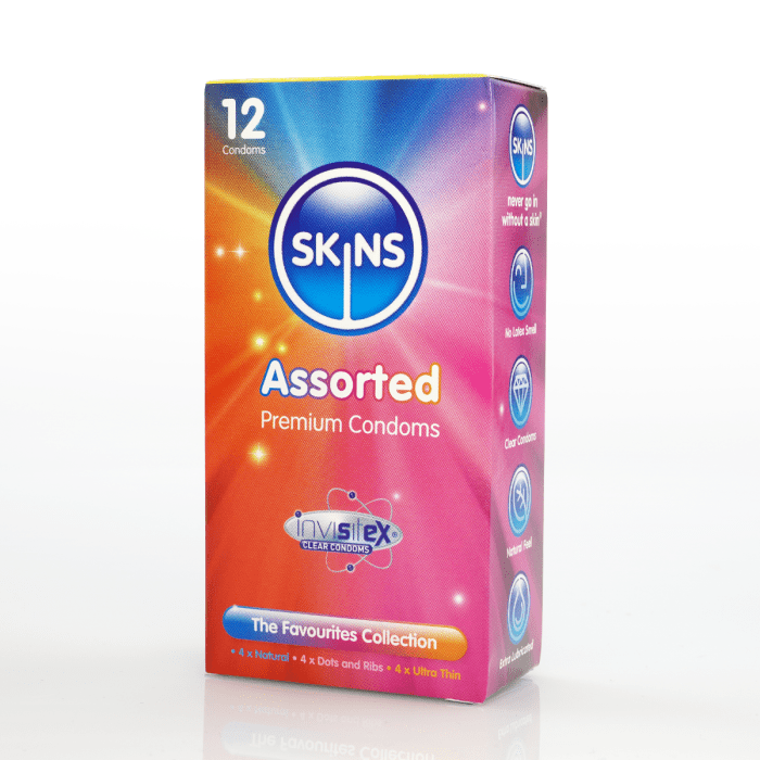 Skins - Assorted Condoms | 12 Pack - Natural - Dots & Ribs - Ultra Thin Skins - For Me To Love
