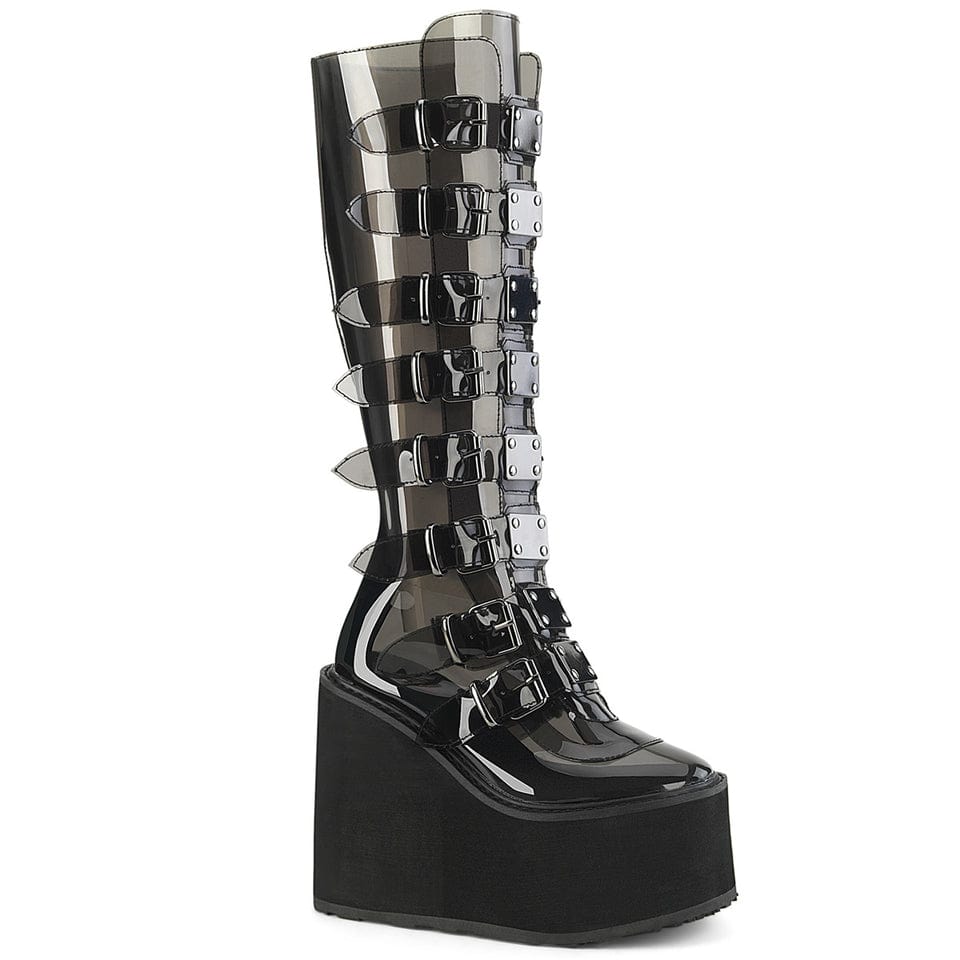 Demonia Cult - Swing 815C Transparent Smokey Black Platform Calf Length Boots | UK 3-9 Demonia Cult - For Me To Love