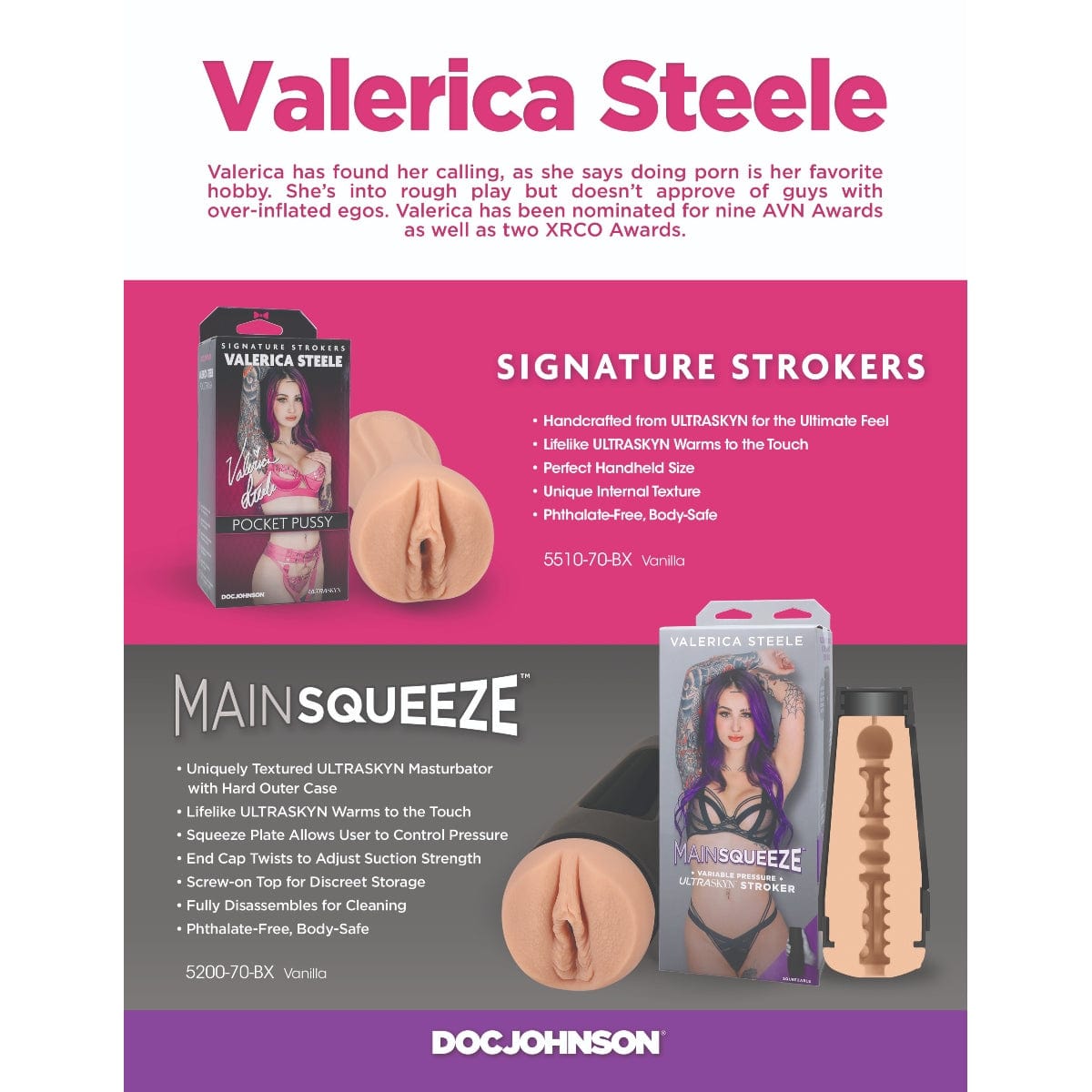 Doc Johnson - Main Squeeze Valerica Steele ULTRASKYN Stroker Pussy | Male Masturbator Doc Johnson - For Me To Love