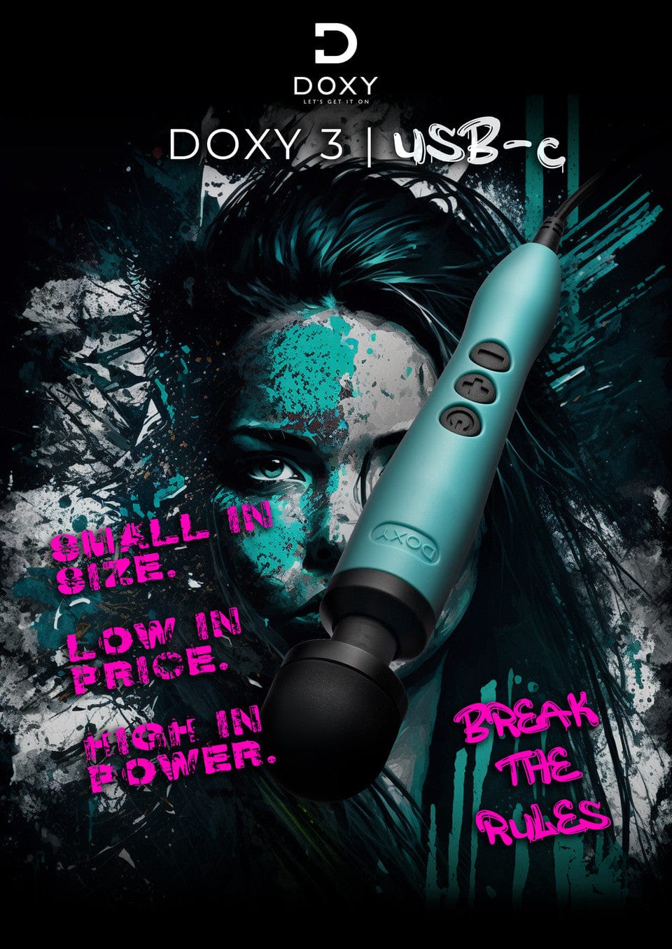 DOXY 3 USB-C - Powerful Plug-in Compact Massage Wand | Black or Turquoise Doxy - For Me To Love