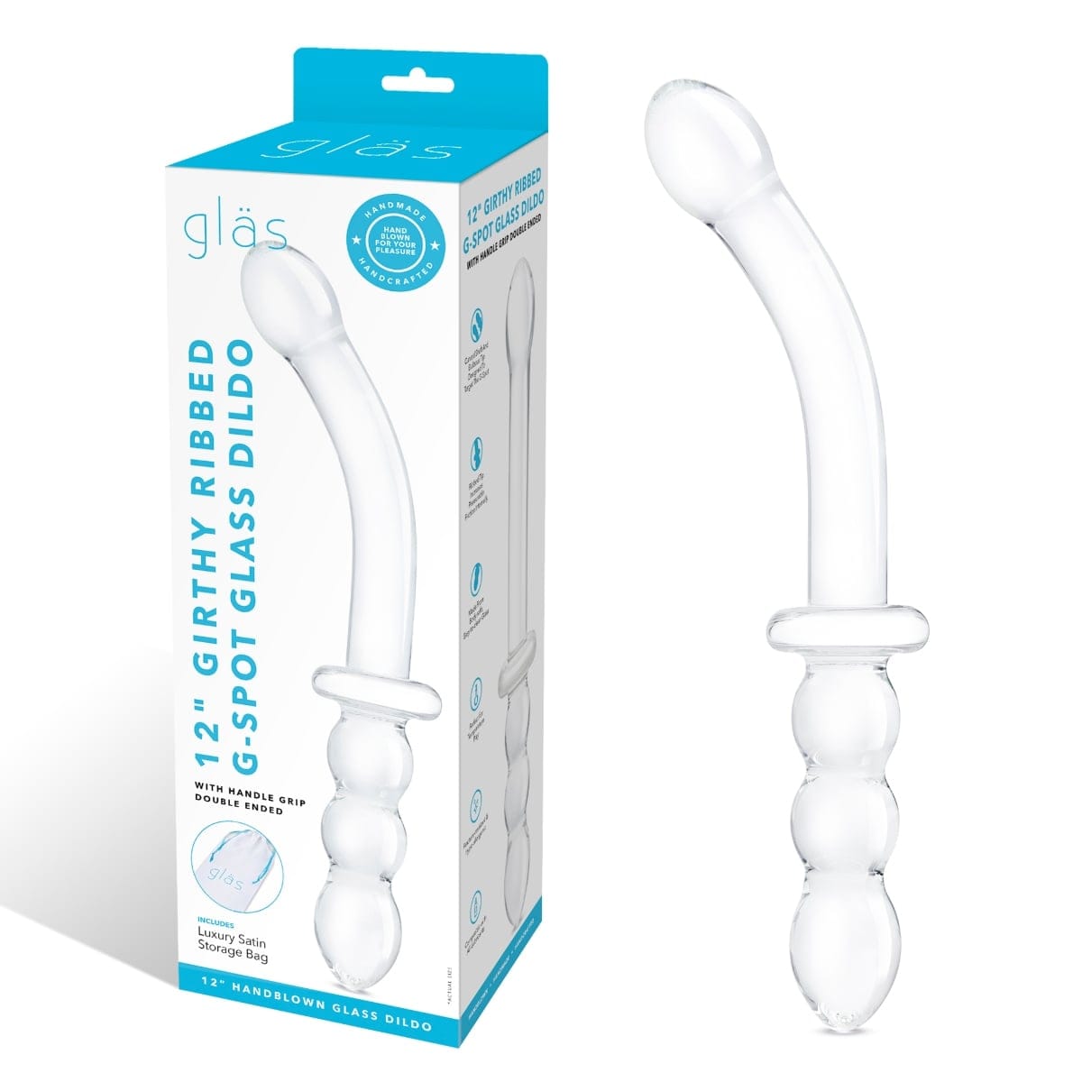 Glas -  Girthy Ribbed G Spot Glass Dildo With Handle Grip Double Ended| 12 inches Glas - For Me To Love