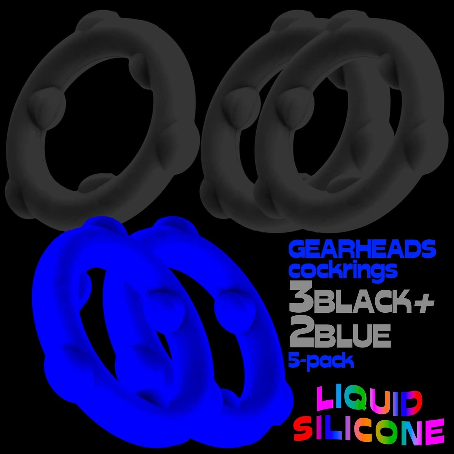 Oxballs - Gearheads Liquid Silicone Cockrings 5 pack | Black/Blue Oxballs - For Me To Love