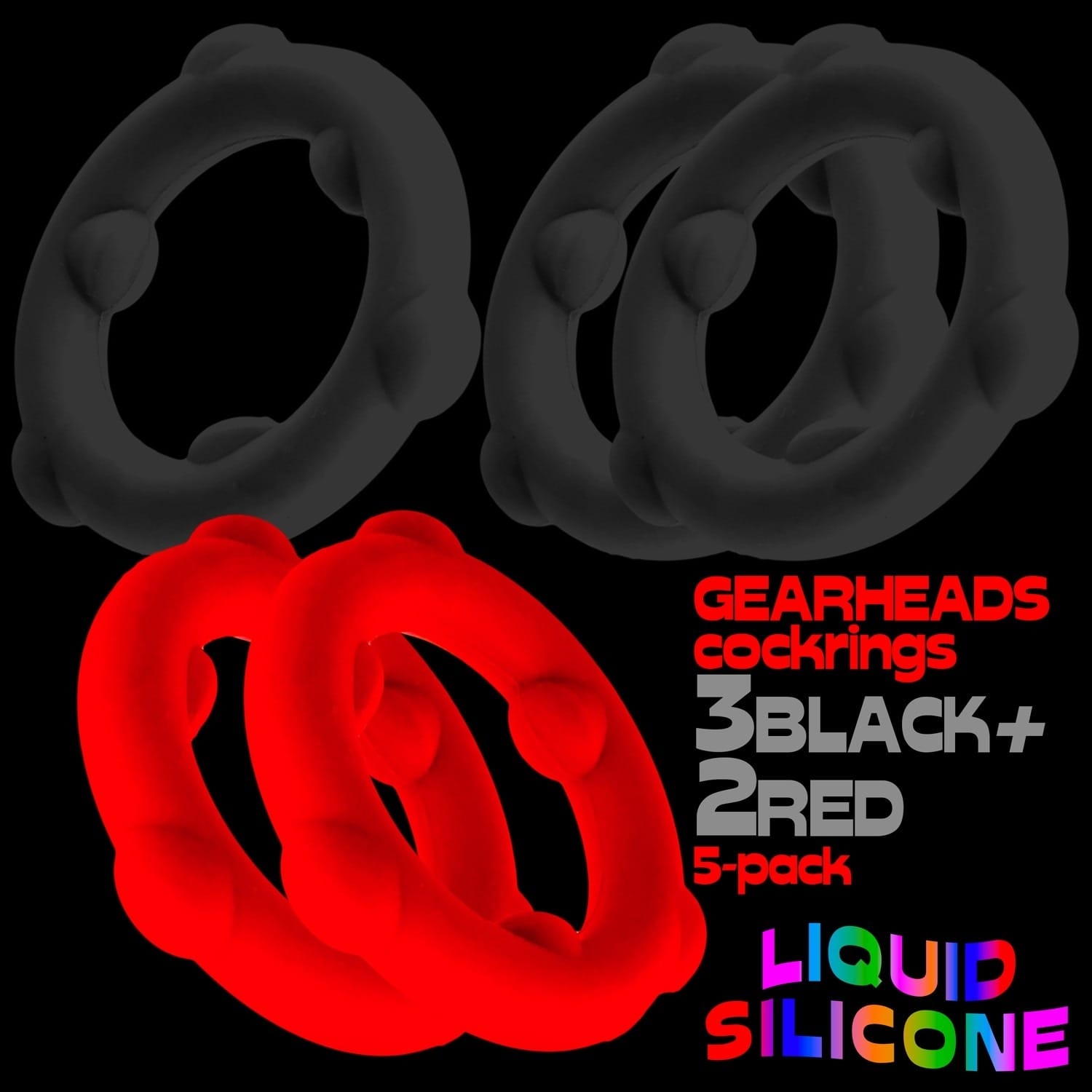 Oxballs - Gearheads Liquid Silicone Cockrings 5 pack | Black/Red Oxballs - For Me To Love