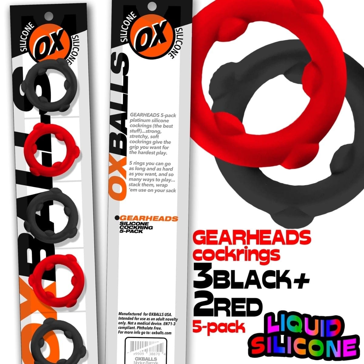 Oxballs - Gearheads Liquid Silicone Cockrings 5 pack | Black/Red Oxballs - For Me To Love