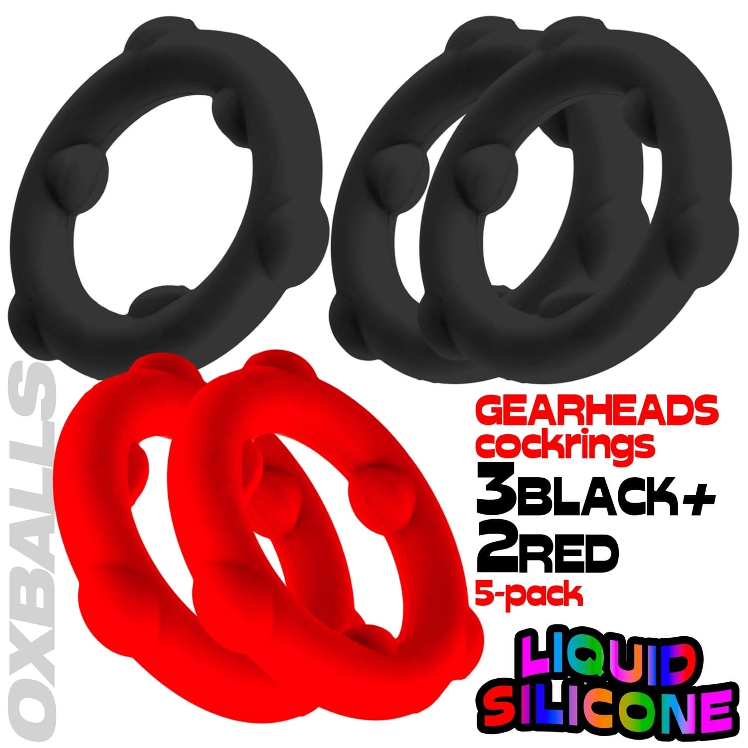 Oxballs - Gearheads Liquid Silicone Cockrings 5 pack | Black/Red Oxballs - For Me To Love