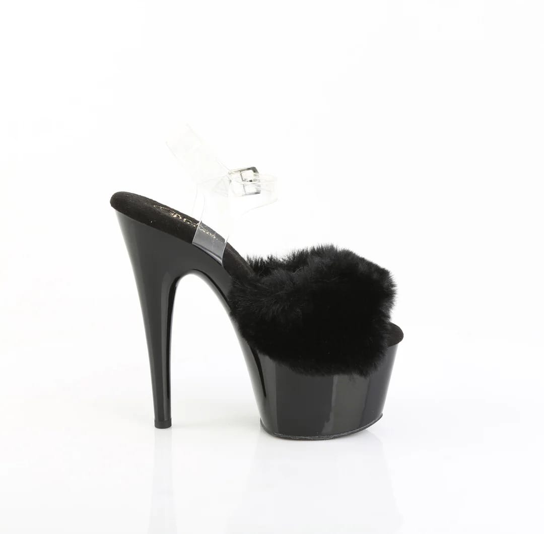 Pleaser - Adore 708FUR Black Fur Strappy Platform Stilettos with 7 inch Heel | UK 2-9 Pleaser - For Me To Love