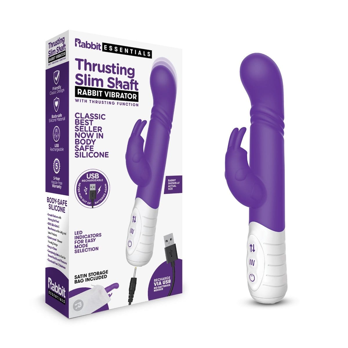 Rabbit Essentials - Rechargeable Slim Shaft thrusting G Spot Rabbit Vibrator | Purple Rabbit Essentials - For Me To Love